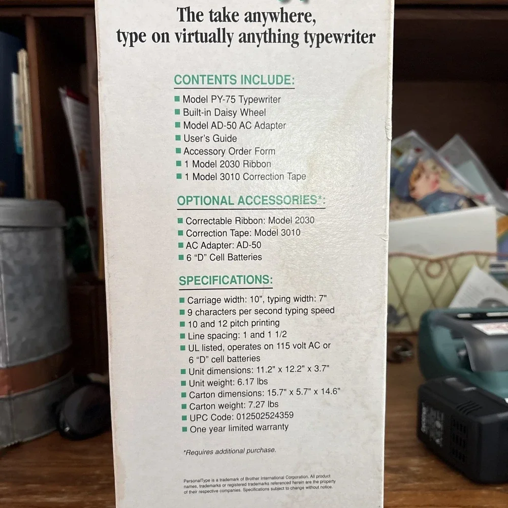 Brother‎ Personal Type Typewriter Py-75 Portable Battery Ac Adapter Paper Card